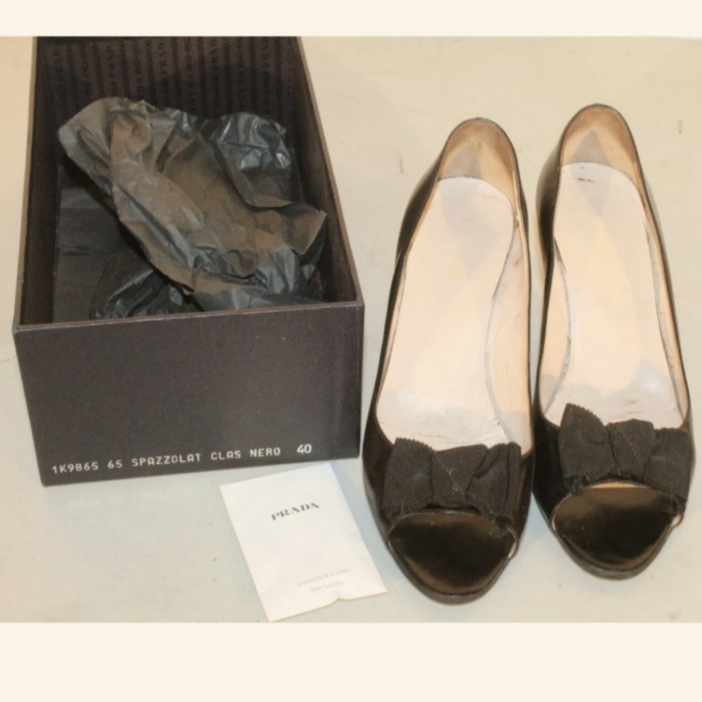 PRADA 1K9865 65 Spazzolato Clas Nero Heels pumps Shoes Size 40 open toe with bow - Picture 2 of 12
